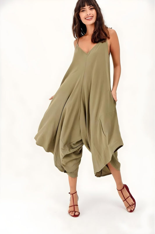 Loose Viscose Asymmetric Strap Pocketed Jumpsuit - Khaki