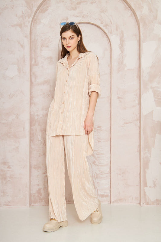 Loose Wide-Leg Crinkled Stretchy Two-Piece Set - Beige