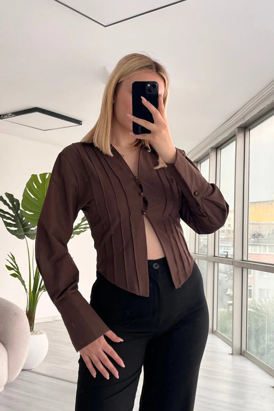 Low-Cut Poplin Button-Detail Shirt - Brown