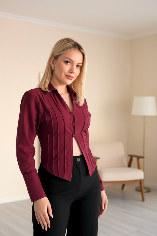 Low-Cut Poplin Button Detailed Shirt - Burgundy