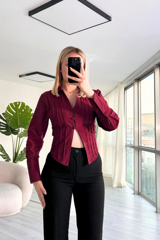 Low-Cut Poplin Button Detailed Shirt - Burgundy
