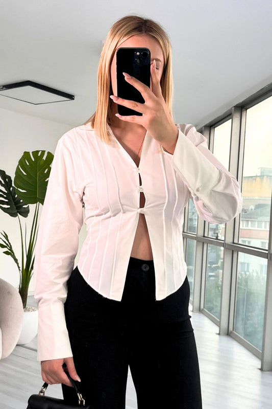 Low-cut Poplin Button-Detailed Shirt - White