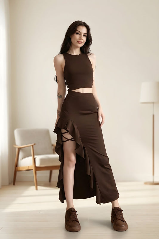 Maxi Mermaid Gothic Ethnic Slit Skirt - Brown