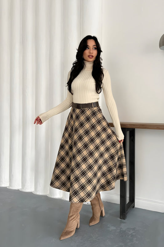 Midi A-line Plaid Belted Skirt - Beige