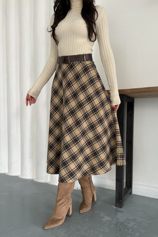 Midi A-line Plaid Belted Skirt - Beige