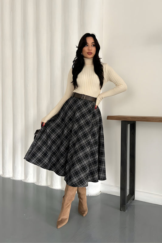 Midi A-line Plaid Belted Skirt - Black