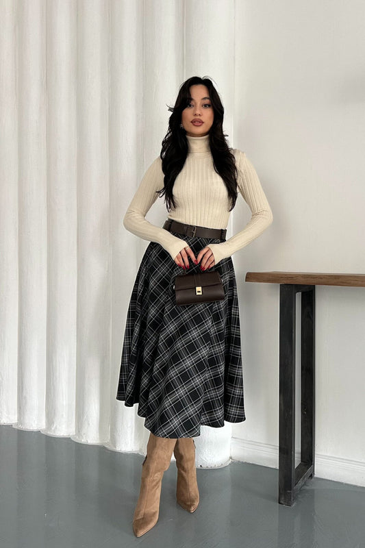 Midi A-line Plaid Belted Skirt - Black