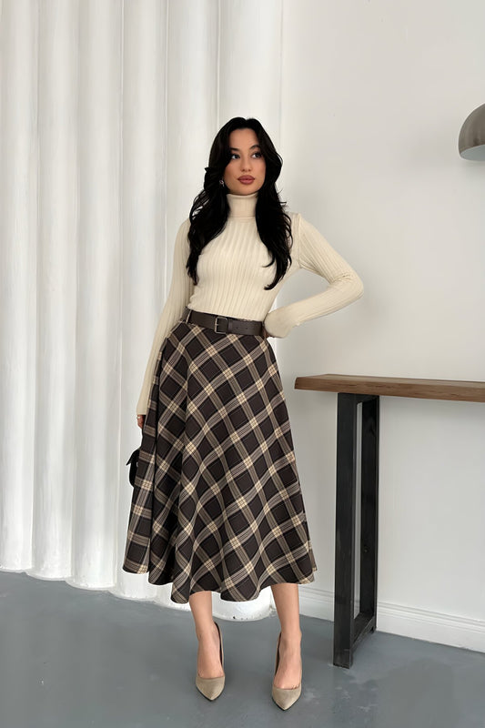Midi A-line Plaid Belted Skirt - Brown