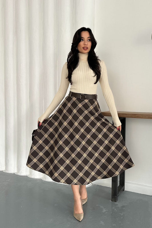 Midi A-line Plaid Belted Skirt - Brown
