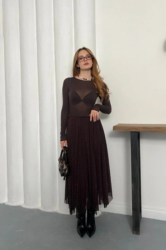 Midi Asymmetric Chiffon Stone-Detailed Skirt - Brown