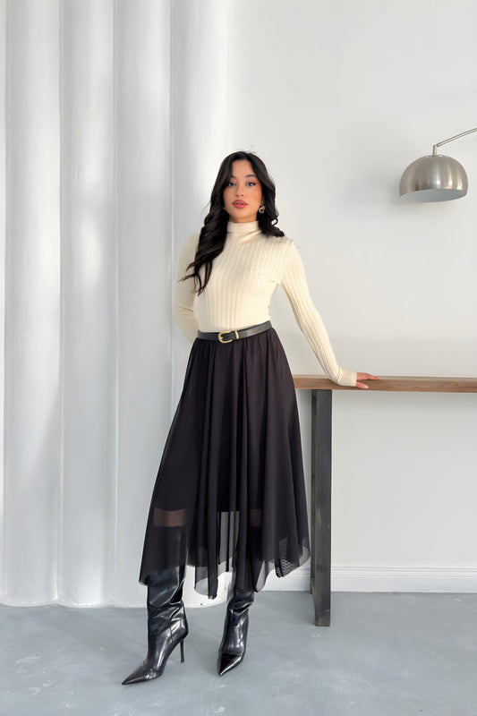 Midi Asymmetric Cut Tulle Skirt - Black