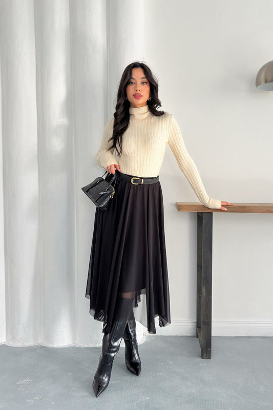 Midi Asymmetric Cut Tulle Skirt - Black