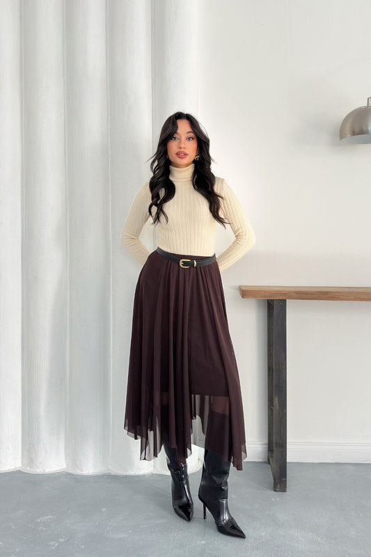Midi Asymmetric Lined Tulle Skirt - Brown