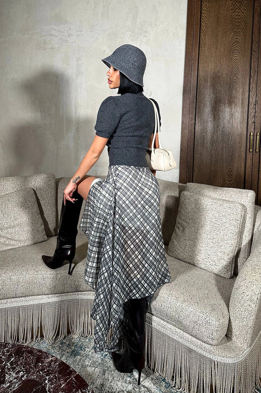 Midi Asymmetric Plaid Slit Skirt - Grey
