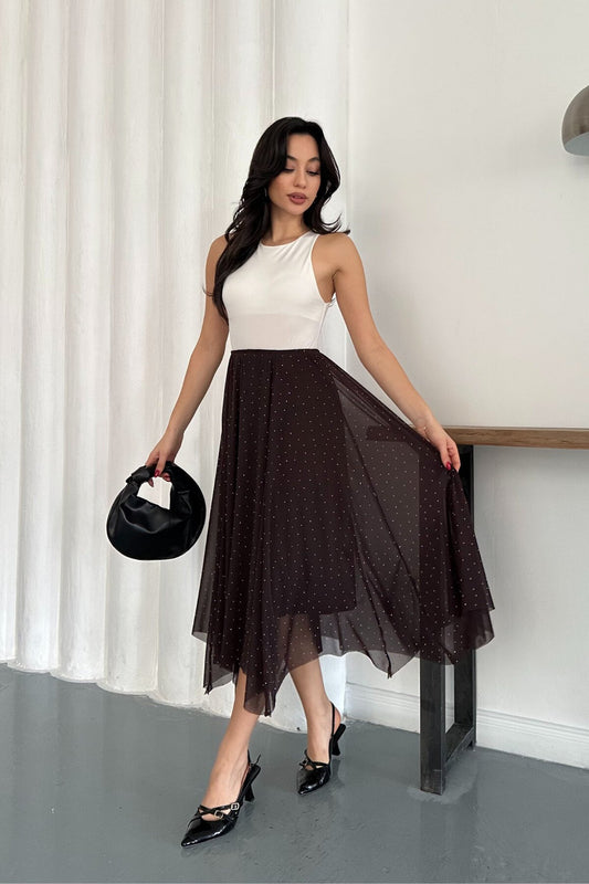 Midi Asymmetric Tulle Stone-studded Skirt - Brown