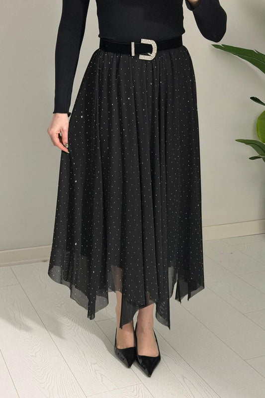 Midi Asymmetrical Embellished Tulle-Lined Skirt - Black