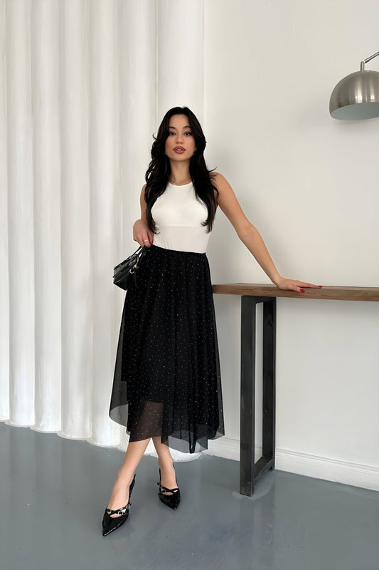 Midi Asymmetrical Lined Tulle Beaded Skirt - Black