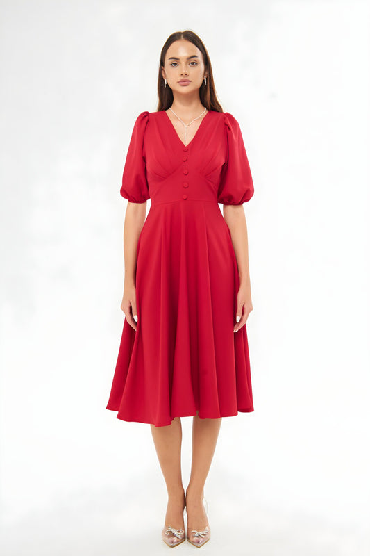 Midi Balloon Sleeve V-Neck Corsage Belt Detail Evening Dress - Red