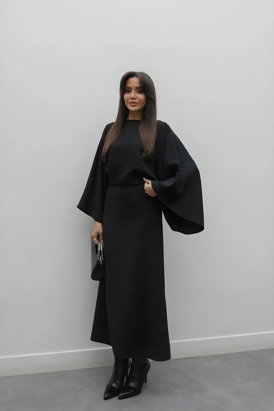 Midi Batwing Sleeve Boat Neck Dress - Black