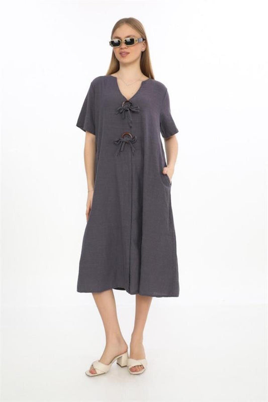 Midi Bohemian Linen Half-Sleeve Button-Detailed Dress - Anthracite