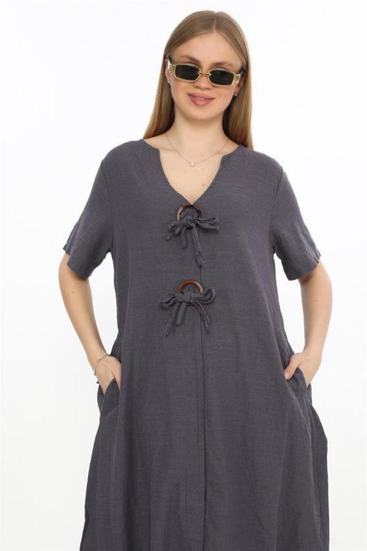 Midi Bohemian Linen Half-Sleeve Button-Detailed Dress - Anthracite