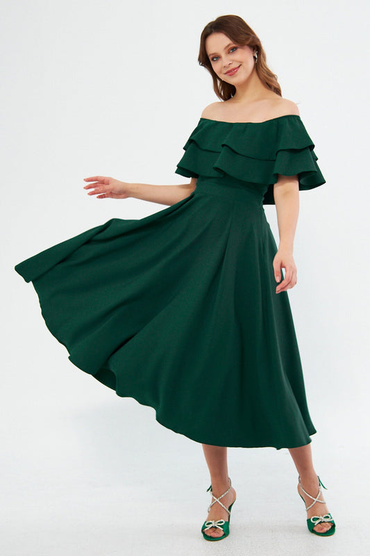 Midi Draped Ruffle Collar Dress - Emerald Green