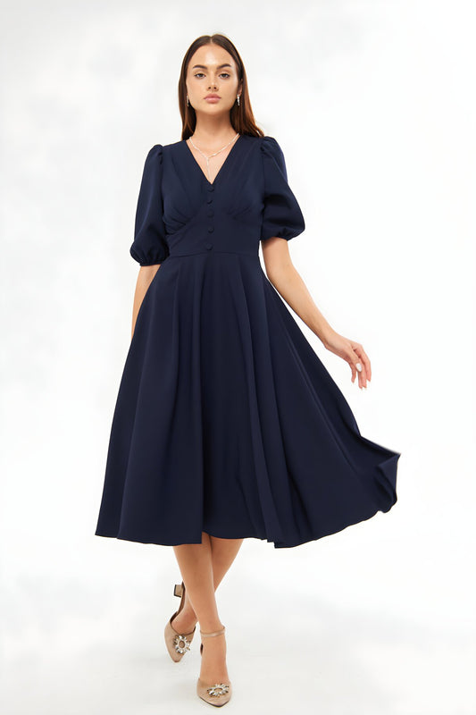 Midi Draped Woven Pleated Bodice V-Neck Balloon Sleeve Dress - Navy Blue