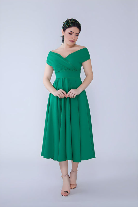 Midi Flare Boat Neck Woven Evening Dress - Grass Green