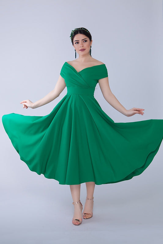 Midi Flare Boat Neck Woven Evening Dress - Grass Green