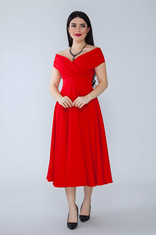 Midi Flared Boat Neck Evening Dress - Red
