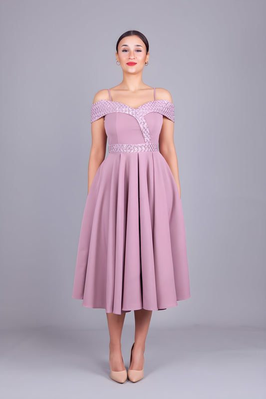 Midi Flared Plaid Sequin-Detail Evening Dress - Dark Rose