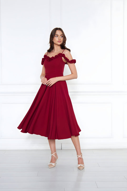 Midi Flared Pleated Ruffle-Detail Evening Dress - Burgundy