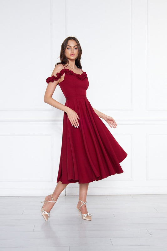 Midi Flared Pleated Ruffle-Detail Evening Dress - Burgundy