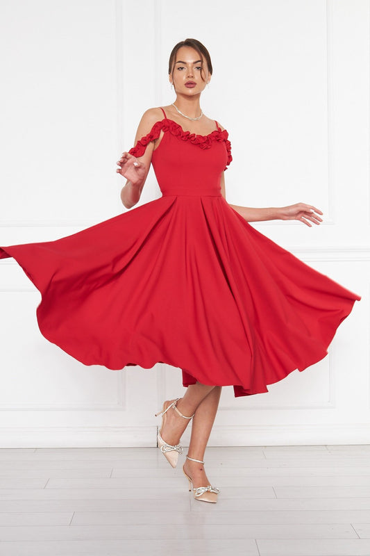 Midi Flared Pleated Ruffle Detail Evening Dress - Red