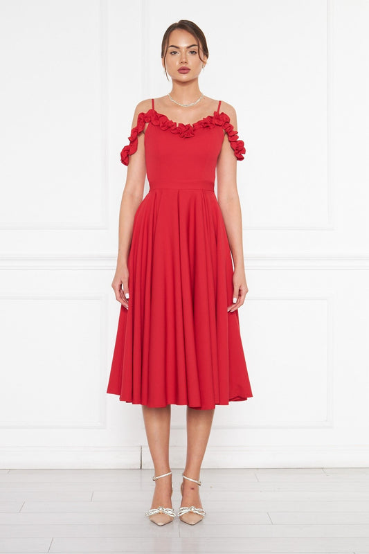 Midi Flared Pleated Ruffle Detail Evening Dress - Red