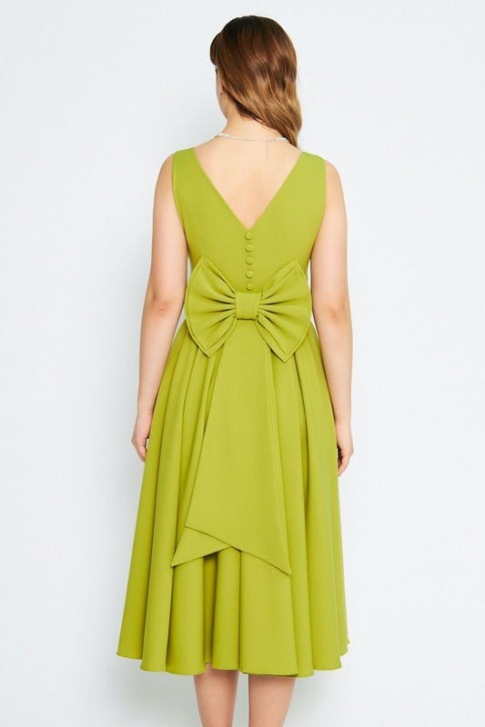 Midi Flared Pleated V-Neck Bow-Back Dress - Pistachio Green