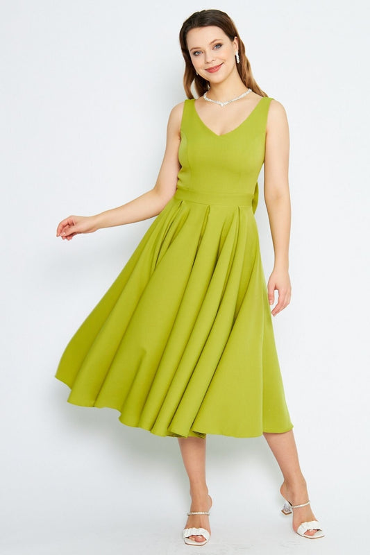 Midi Flared Pleated V-Neck Bow-Back Dress - Pistachio Green