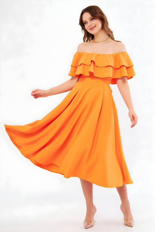 Midi Flowy Off-the-shoulder Ruffle Neck Dress - Orange