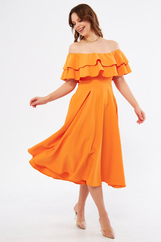 Midi Flowy Off-the-shoulder Ruffle Neck Dress - Orange