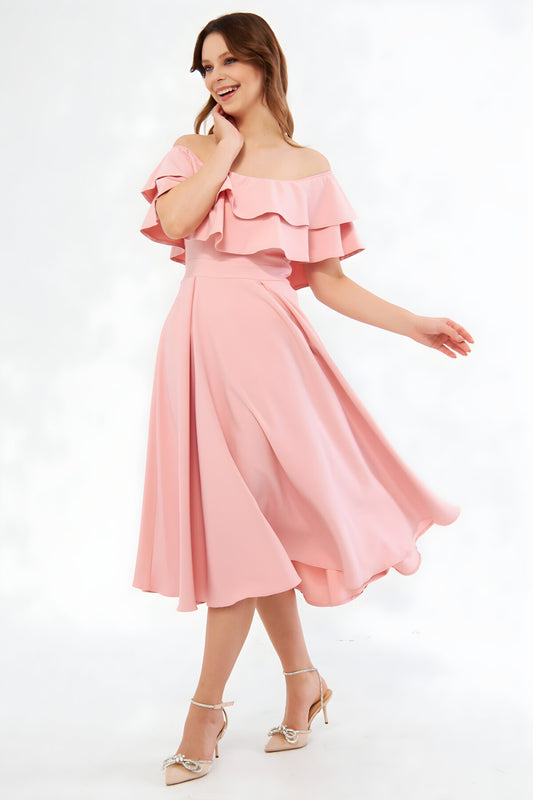 Midi Flowy Woven Off-the-shoulder Ruffle Neck Dress - Powder