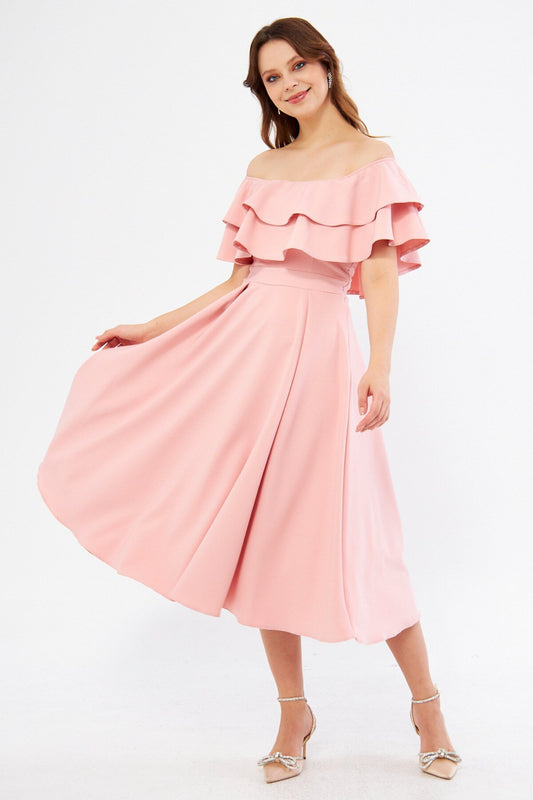 Midi Flowy Woven Off-the-shoulder Ruffle Neck Dress - Powder