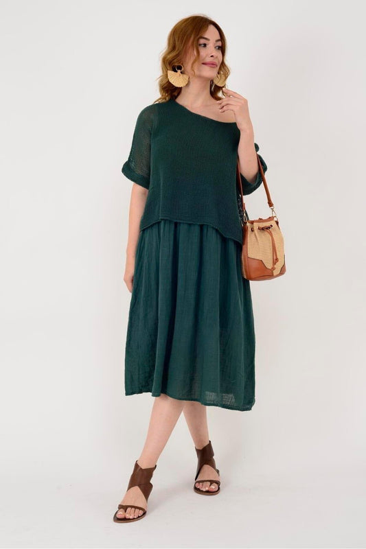 Midi Lined Mesh Blouse Detail Dress - Emerald Green
