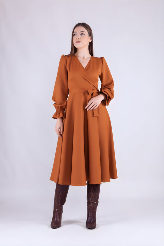 Midi Long Sleeve Wrap Collar Dress - Cinnamon
