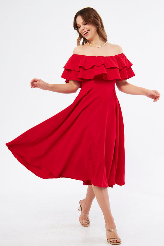Midi Off-Shoulder Flowy Woven Ruffle-Neck Dress - Red