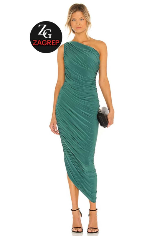 Midi One-Shoulder Draped Ruched Evening Dress - Emerald Green
