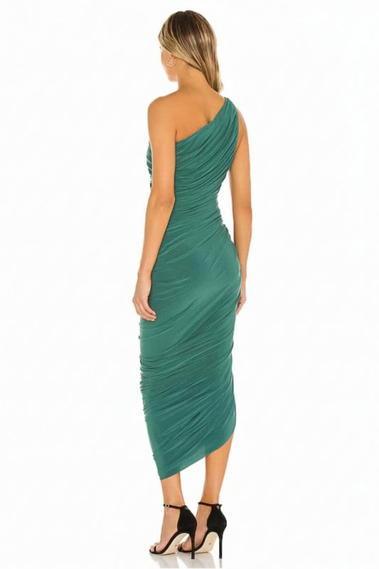 Midi One-Shoulder Draped Ruched Evening Dress - Emerald Green