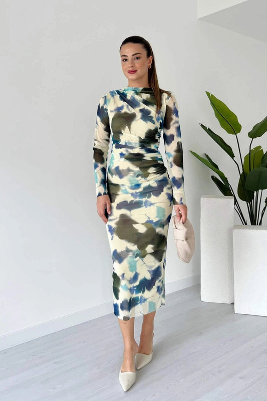 Midi Patterned Draped Tulle Dress - Ecru