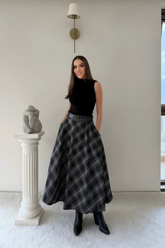 Midi Plaid Belt-Detail Skirt - Black
