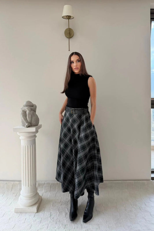 Midi Plaid Belt-Detail Skirt - Black