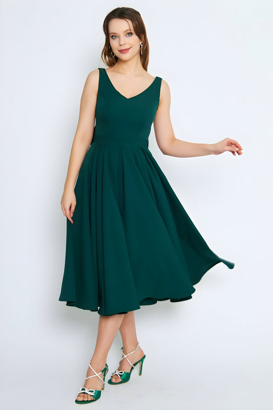 Midi Pleated Flared V-Neck Evening Dress with Back Bow - Emerald